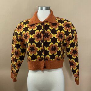 ZARA Daisy Flower 70's Vibe Brown & yellow Collar Knit Cardigan Sweater